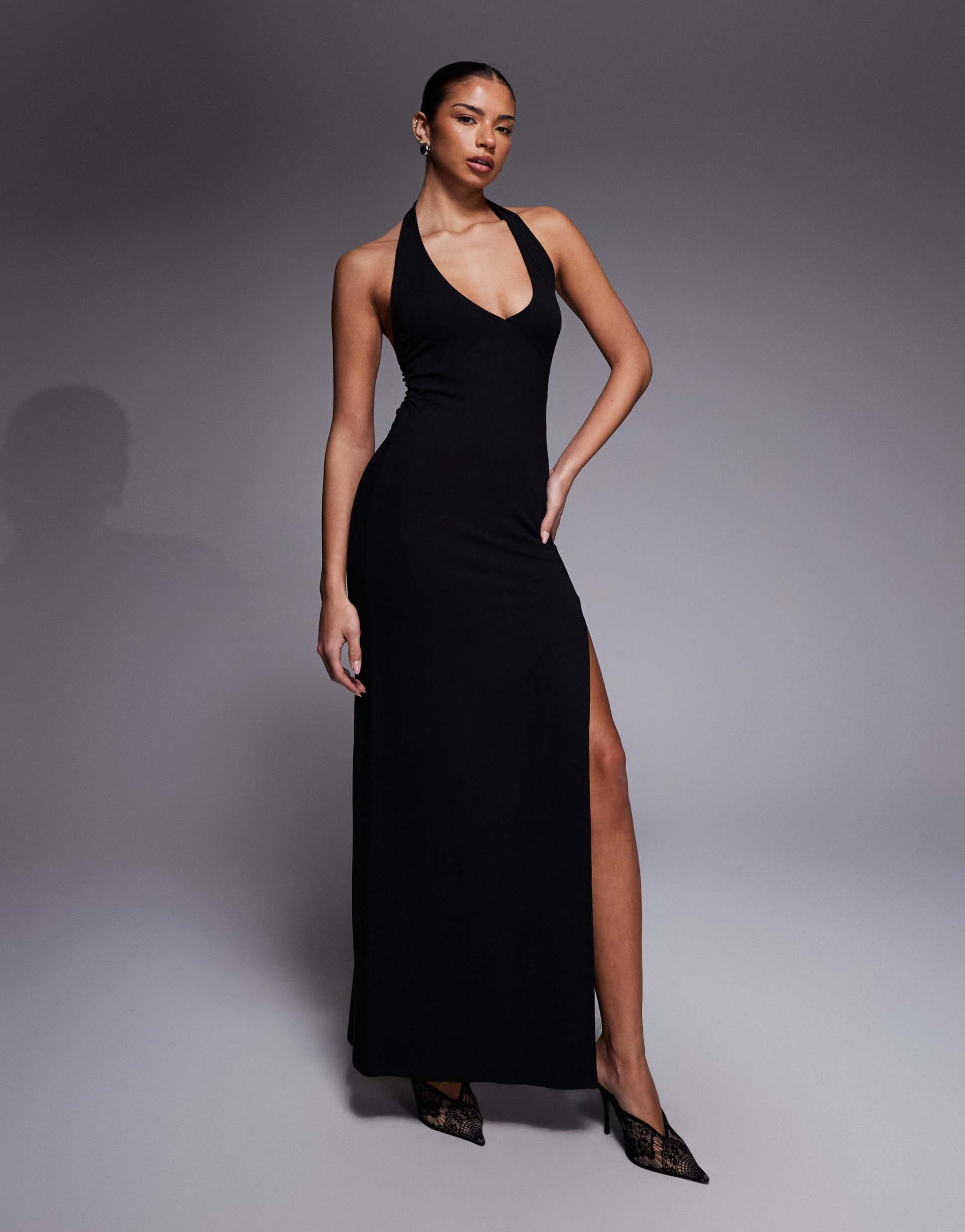 asos design plunge halter neck maxi dress in black
