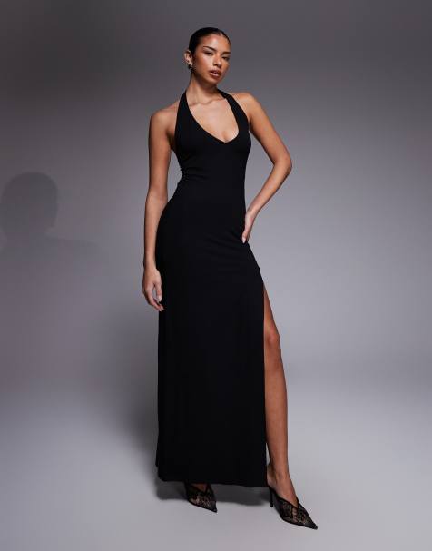 ASOS DESIGN plunge halter neck maxi dress in black