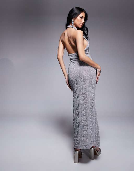 ASOS Design plunge halter neck maxi dress in silver