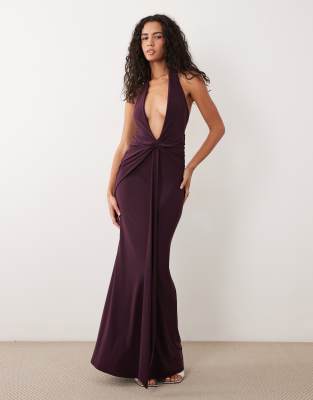 Asos Design Plunge Halter Neck Ruched Maxi Dress In Purple