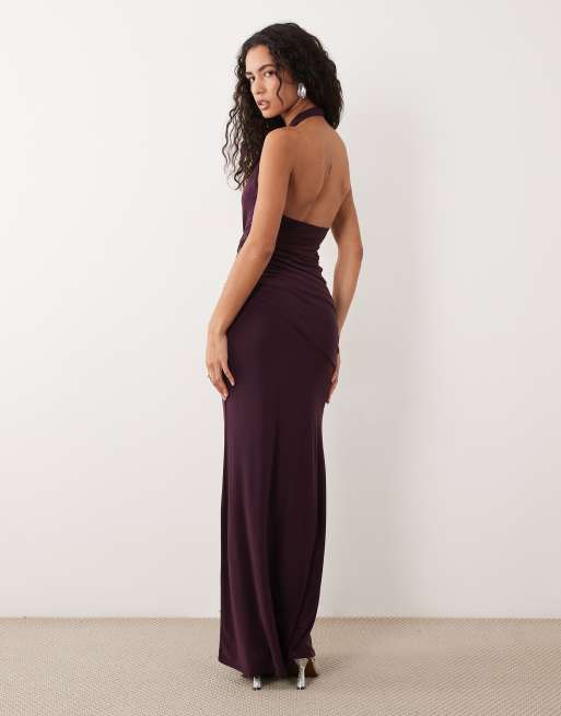 ASOS DESIGN plunge halter neck ruched maxi dress in blackcurrant, 2 of 4