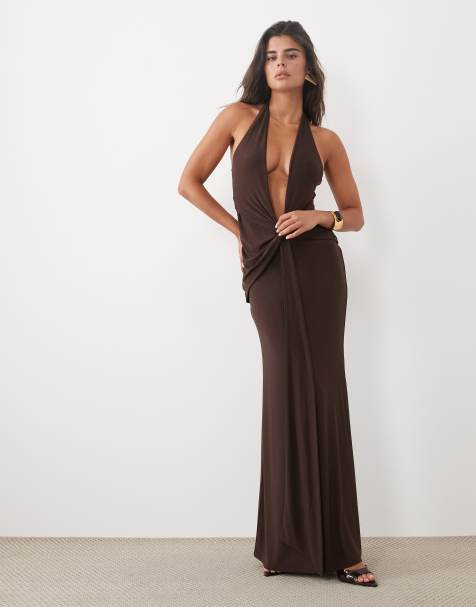 ASOS DESIGN plunge halter neck ruched maxi dress in chocolate - view 1