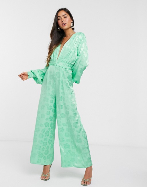 ASOS DESIGN plunge jacquard jumpsuit with ruched waist detail in green