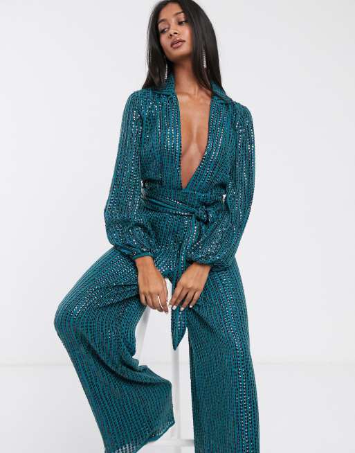 ASOS DESIGN plunge jumpsuit in all over sequin | ASOS