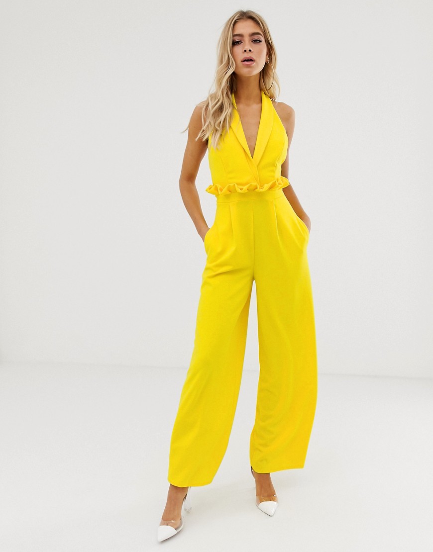 ASOS DESIGN plunge jumpsuit with paperbag waist detail-Yellow