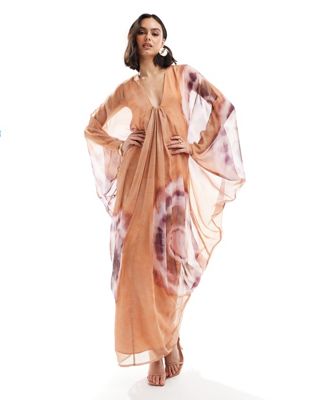 Asos Design Plunge Kimono Maxi Dress In Tie Dye Print-multi In Neutral