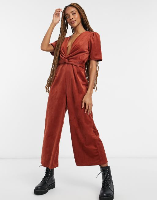 ASOS DESIGN plunge knot front corduroy jumpsuit in brown | ASOS