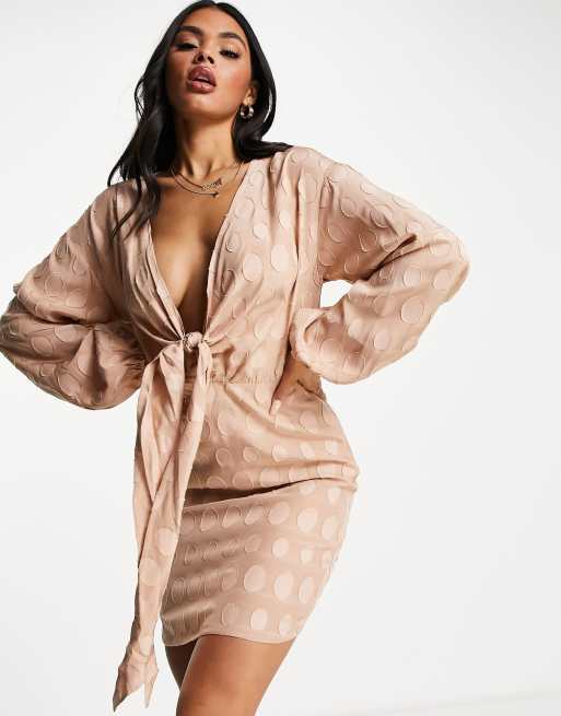 ASOS DESIGN plunge knot front mini dress in jacquard spot