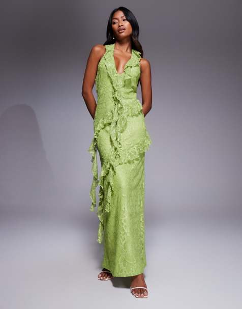 ASOS DESIGN plunge lace ruffle maxi dress in olive green - view 1