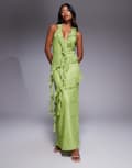 [ASOS DESIGN] ASOS DESIGN plunge lace ruffle maxi dress in olive green 8 Green