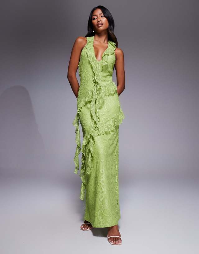 green dress with frills ASOS DESIGN plunge lace ruffle maxi in olive Olive green