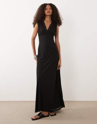 Asos Design Plunge Lace Trim Dress Midaxi In Black