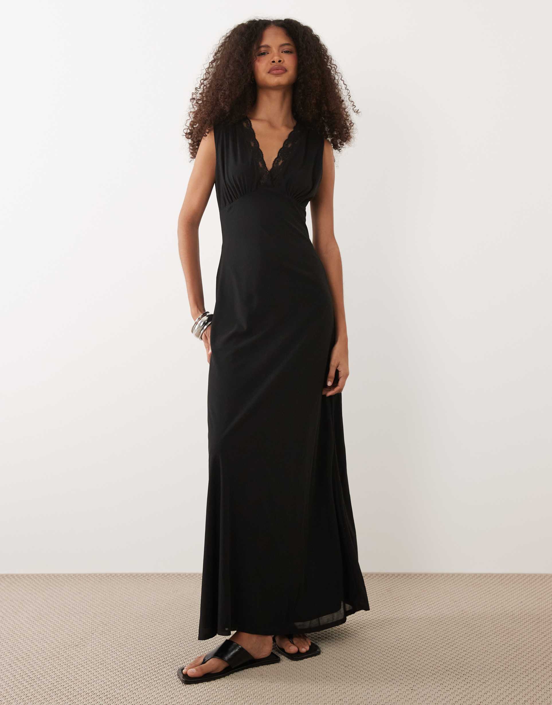 asos design plunge lace trim dress midaxi in black