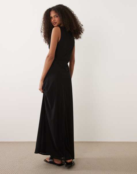 chinese dress ladies Rent Asos Design Satin Maxi Dress With Batwing Sleeve And Wrap Waist In  Black