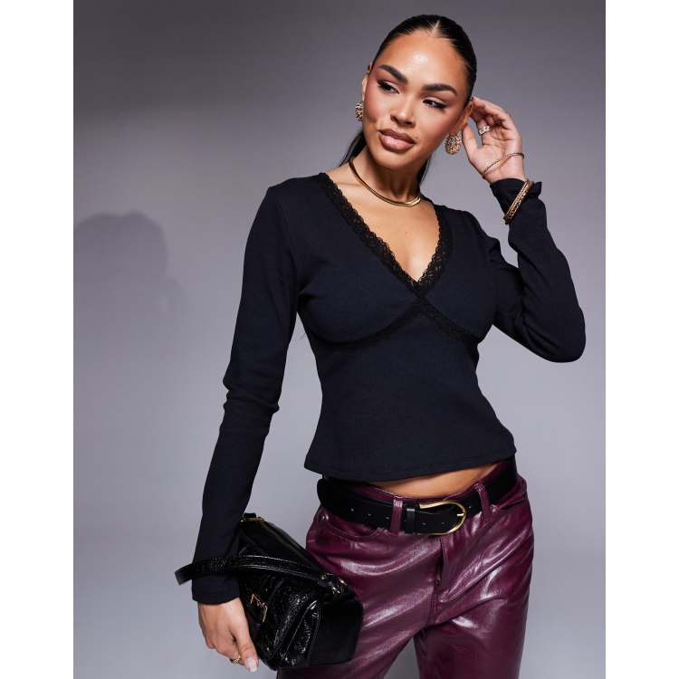 ASOS DESIGN plunge lace trim long sleeve top in black | ASOS