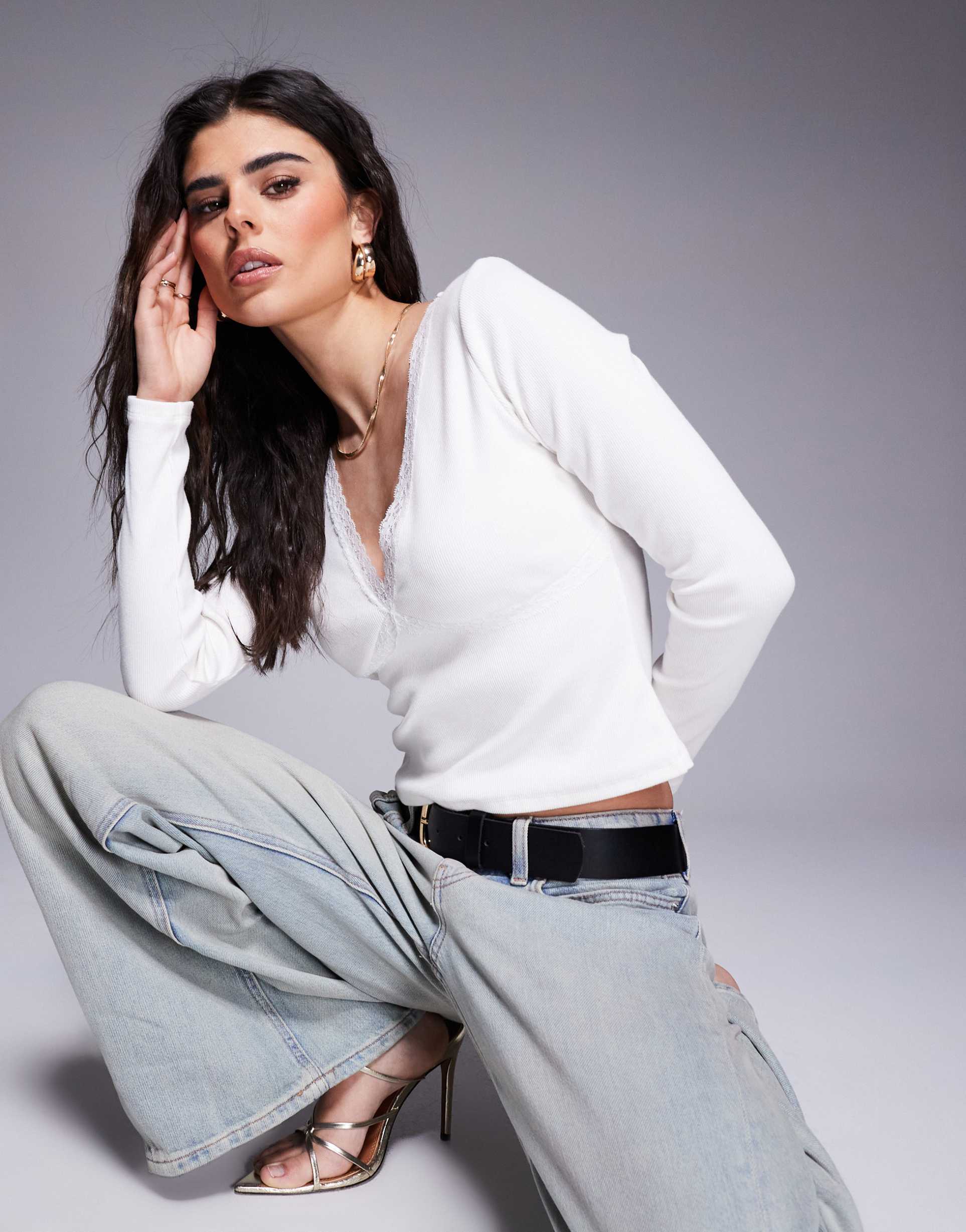 asos design plunge lace trim long sleeve top in ivory