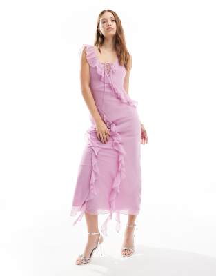 Asos Design Plunge Lace Up Ruffle Cami Maxi Dress In Dusky Rose-pink