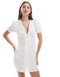 [ASOS DESIGN] ASOS DESIGN plunge linen blend mini dress with broderie trim in white XS white