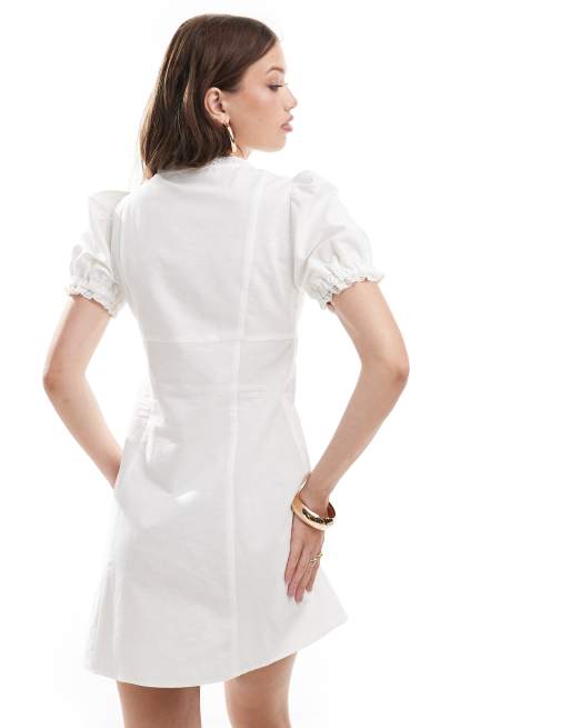 ASOS DESIGN plunge linen blend mini dress with broderie trim in white