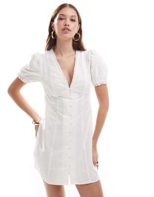 Asos Design Plunge Linen Mix Mini Dress With Eyelet Trim In White