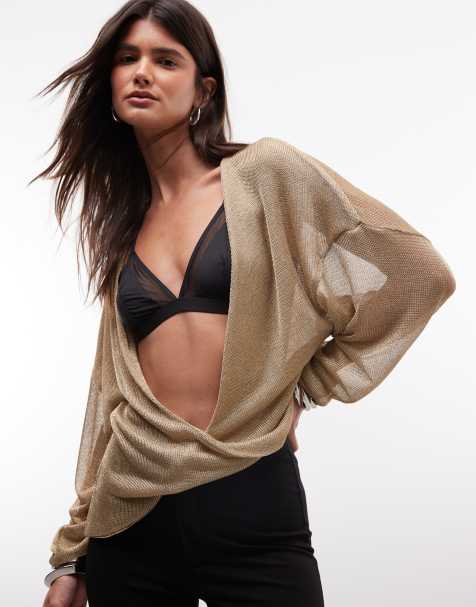 ASOS DESIGN plunge long sleeve asymmetric top in gold metallic - view 1