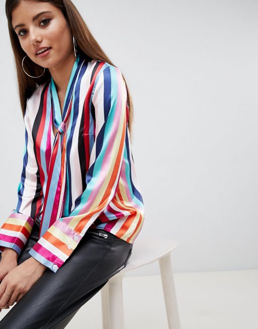 ASOS DESIGN plunge long sleeve blouse with pussybow in bright stripe | ASOS