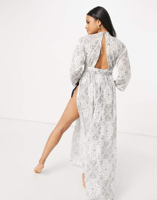 ASOS DESIGN plunge long sleeve boho maxi beach dress in crinkle bandana print