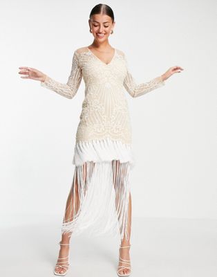 ASOS DESIGN plunge long sleeve embroidered maxi dress with fringe hem in cream - ASOS Price Checker