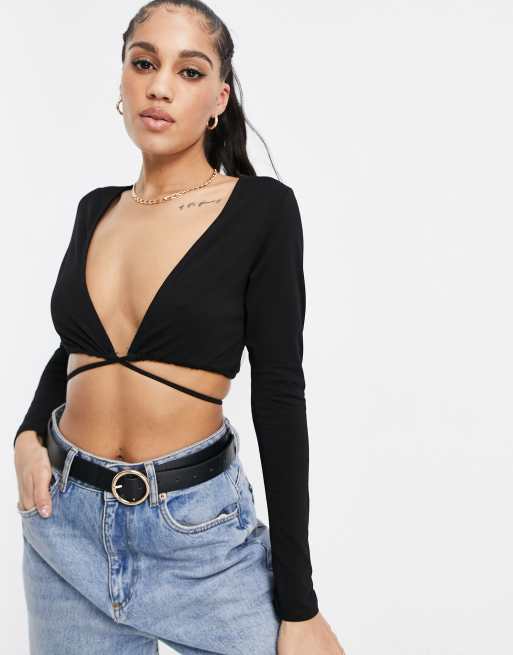 ASOS DESIGN long sleeve crop top with tie back in black