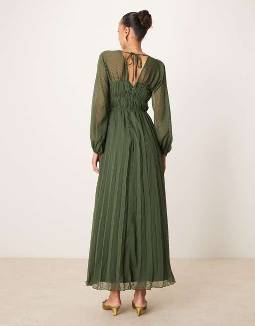 ASOS DESIGN plunge long sleeve pleated midaxi dress in olive