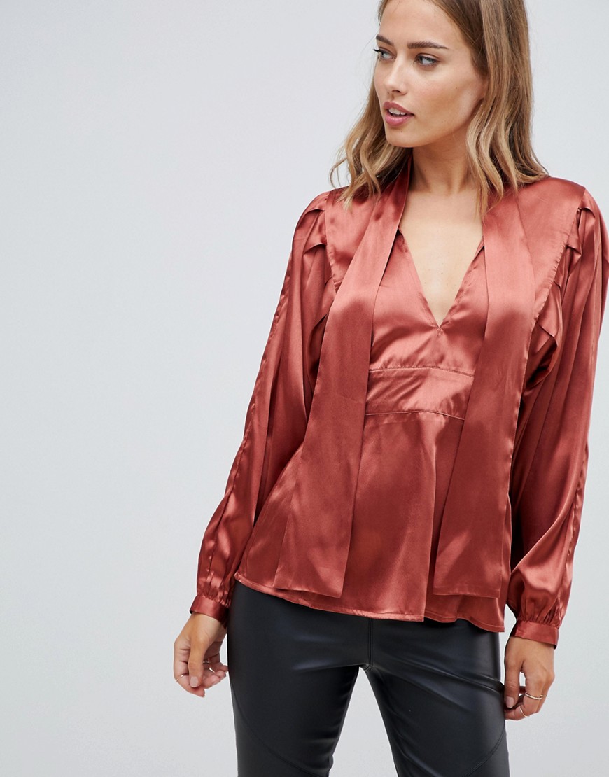 ASOS DESIGN plunge long sleeve top in satin with pussybow detail-Brown