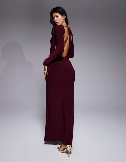 ASOS DESIGN plunge long sleeve twisted maxi dress in burgundy
