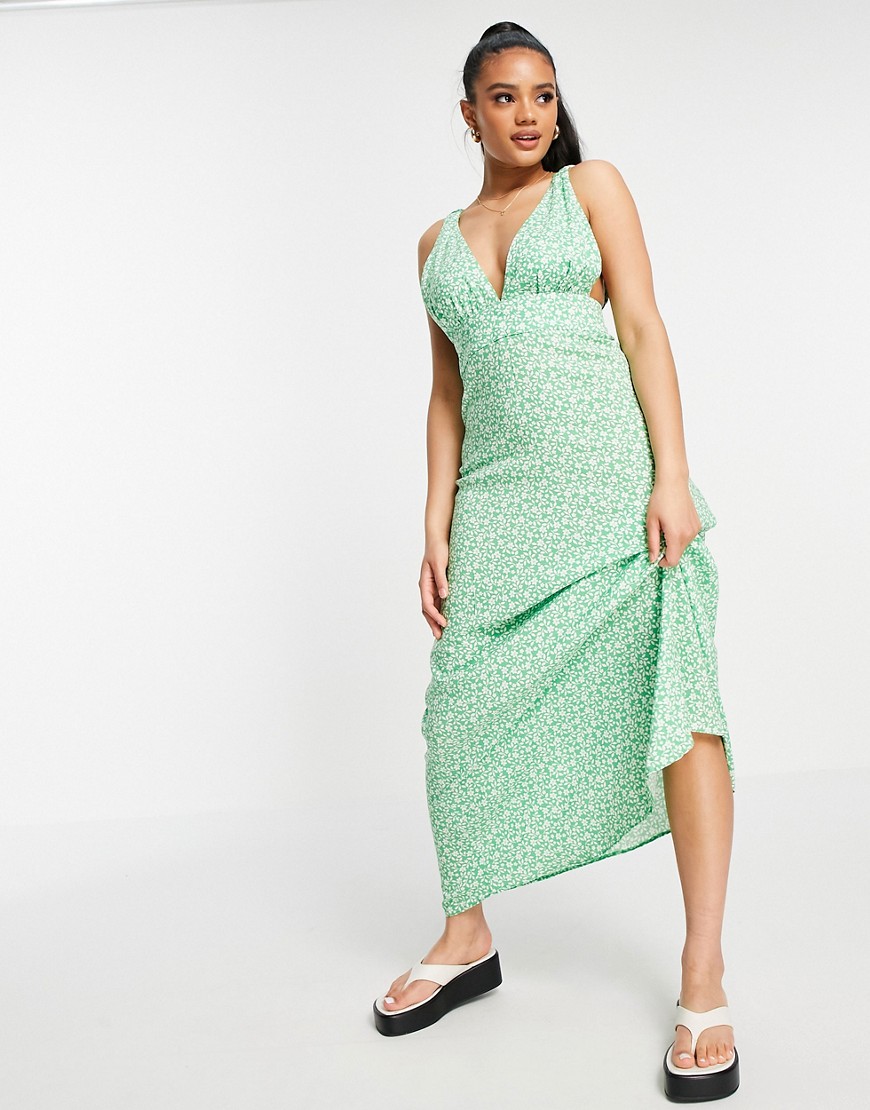 ASOS DESIGN plunge maxi dress in green based ditsy floral print-Multi