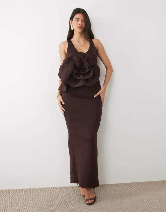 ASOS DESIGN plunge maxi dress with 3d corsage and open back in chocolate scuba-style fabric