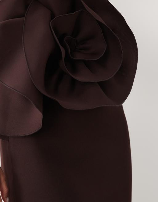 ASOS DESIGN plunge maxi dress with 3d corsage and open back in chocolate scuba-style fabric, 4 of 4