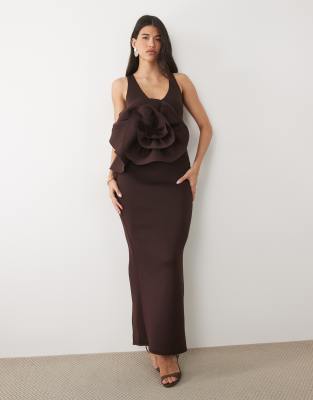 Asos Design Plunge Maxi Dress With 3d Corsage And Open Back In Brown