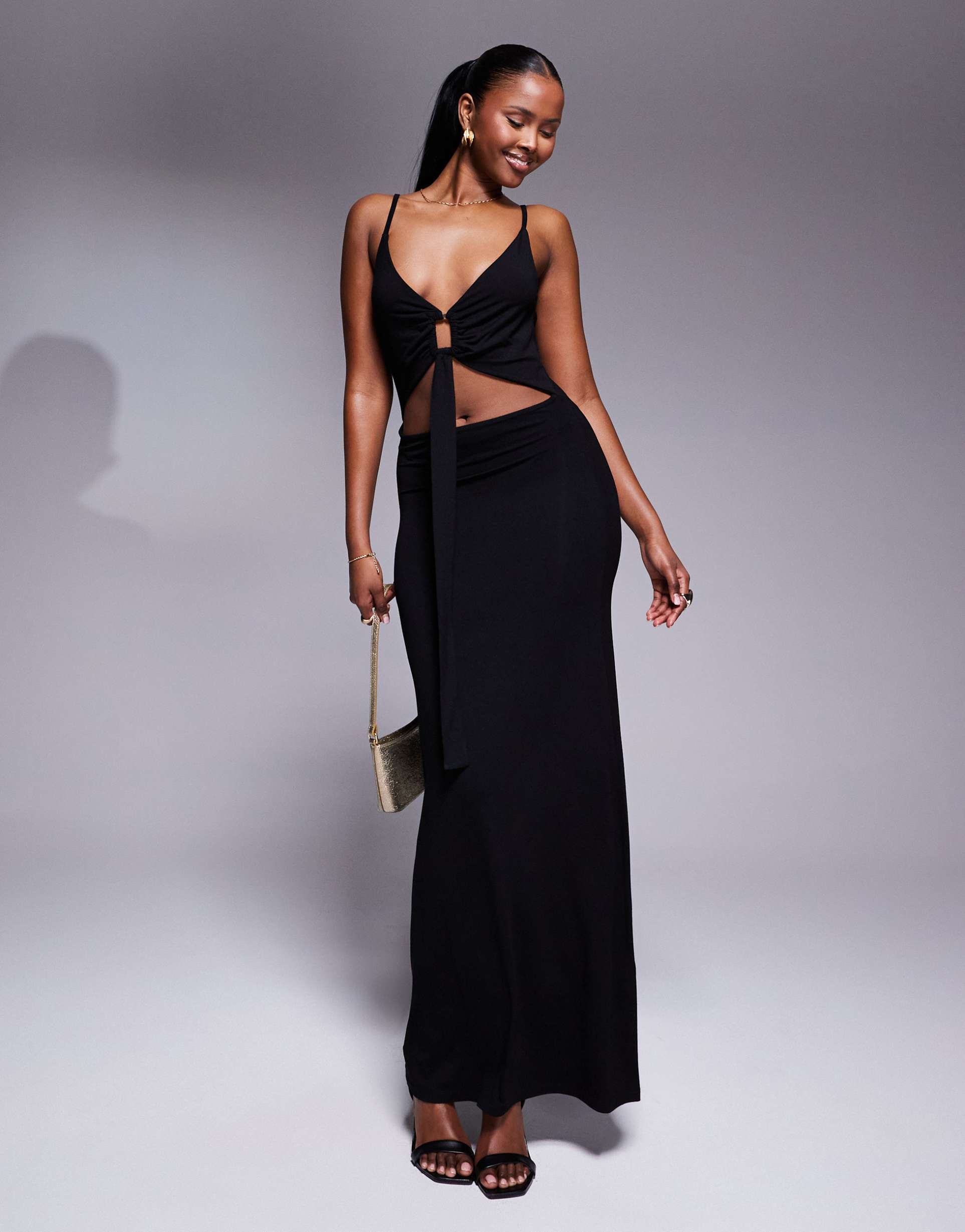 asos design plunge maxi dress with cut out detail and ruching in black