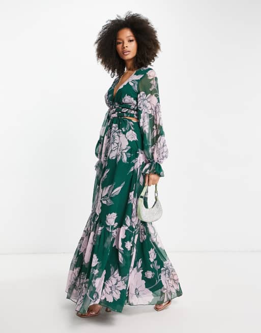 ASOS DESIGN plunge maxi dress with elasticated cut out detail in dark green floral print