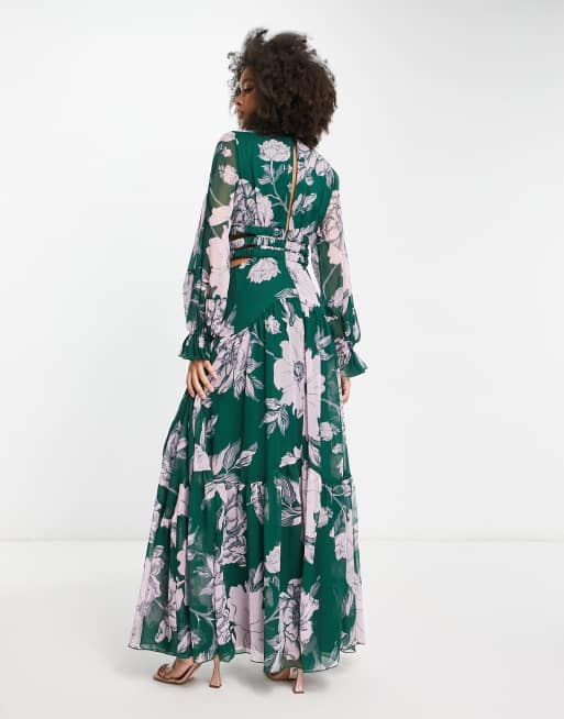 Cap sleeve green shop floral print plunge dress