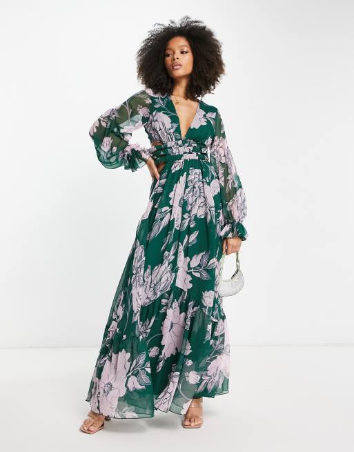 ASOS DESIGN washed twist side waist maxi dress with cut out back in forest  green