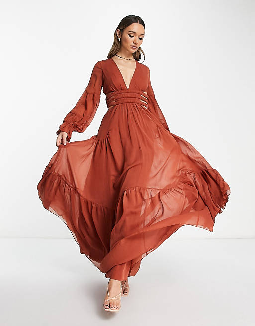 ASOS DESIGN plunge maxi dress with elasticated cut out detail in rust