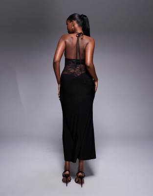 chinese dress ladies Rent ASOS DESIGN Corset Detail Cold Shoulder Maxi Dress With Lace Inserts  In Black