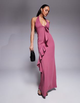 Asos Design Plunge Maxi Dress With Ruffle Front Detail In Purple