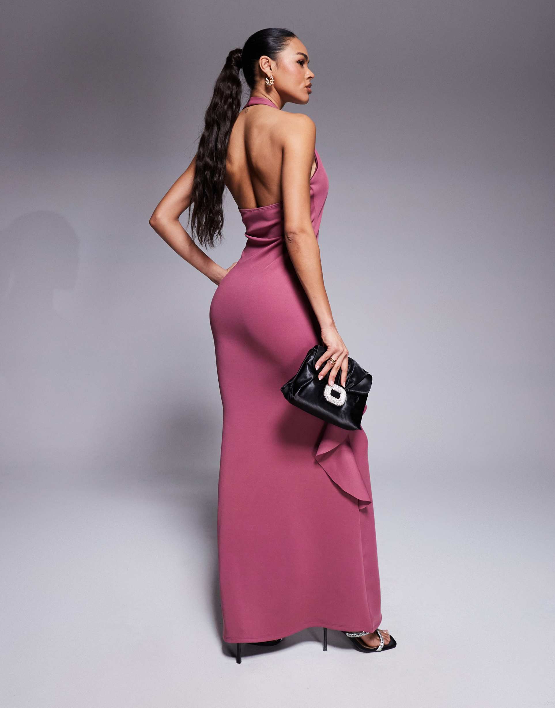 asos design plunge maxi dress with ruffle front detail in mulberry