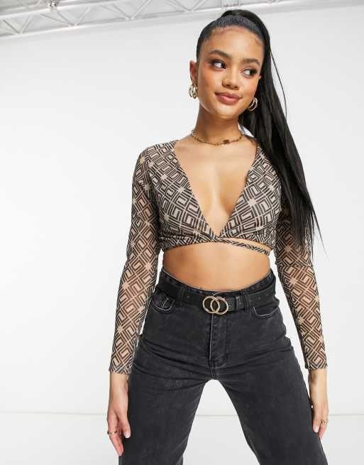 ASOS DESIGN plunge mesh longsleeve multi tie wrap top in monogram