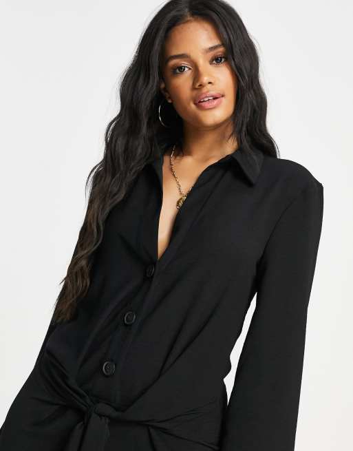 ASOS DESIGN plunge mini drape tie front shirt dress in black