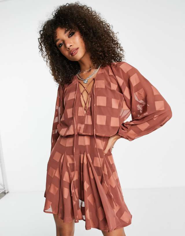 ASOS DESIGN plunge mini dress with godet skirt in brown jacquard