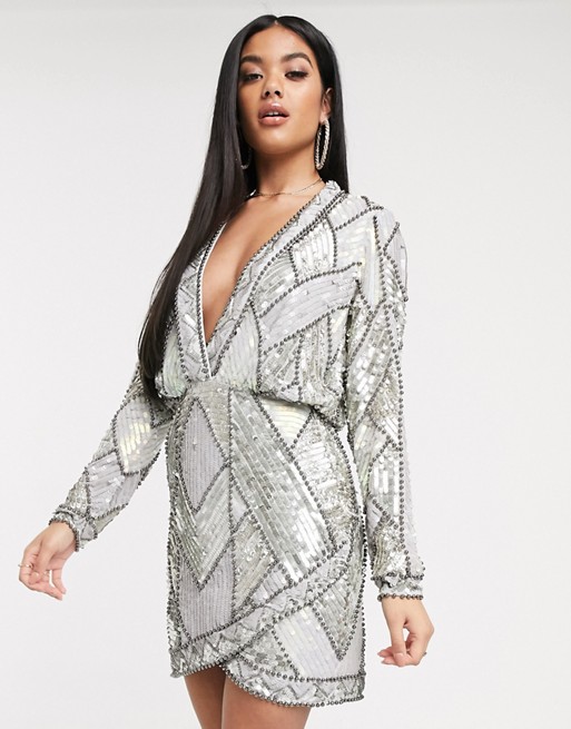 ASOS DESIGN plunge mini dress with long sleeves and patched embellishment