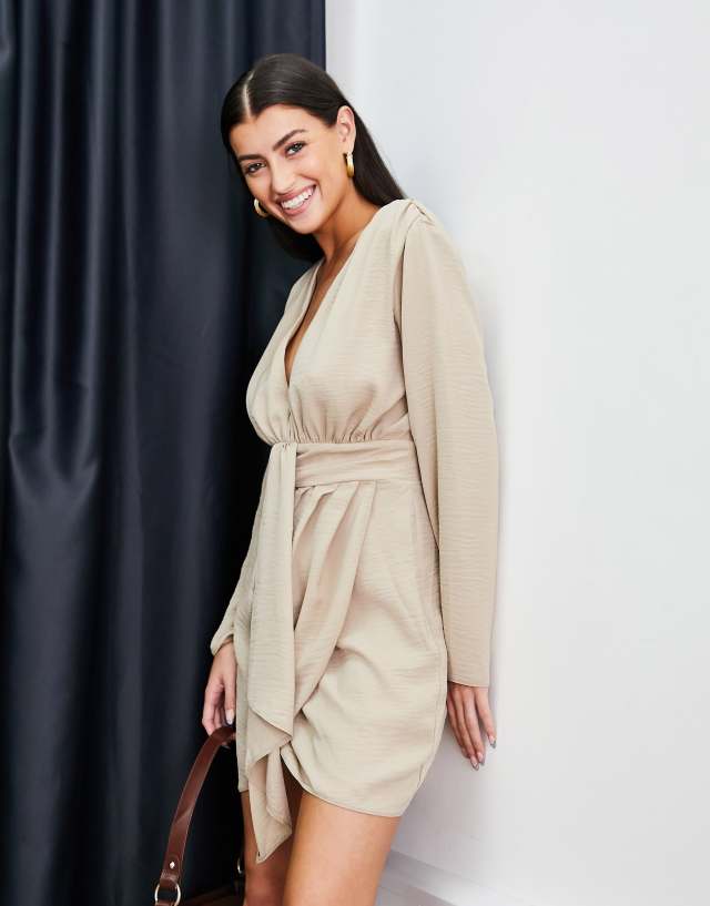 ASOS DESIGN plunge mini dress with wrap drape skirt in camel