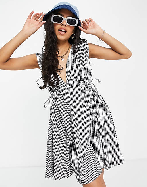 Dresses plunge mini sundress with ruched waist in seersucker gingham 